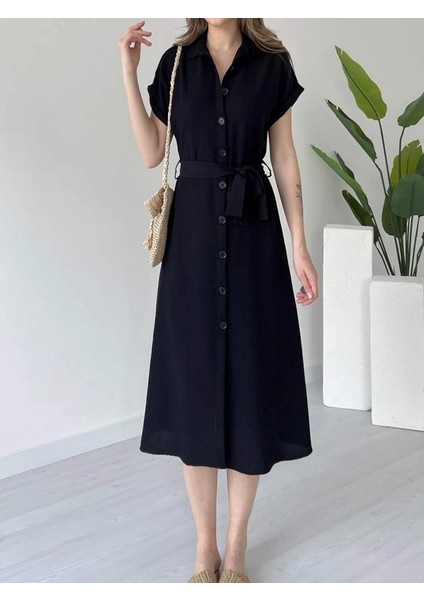 Keten, Düğmeli Midi Boy Elbise