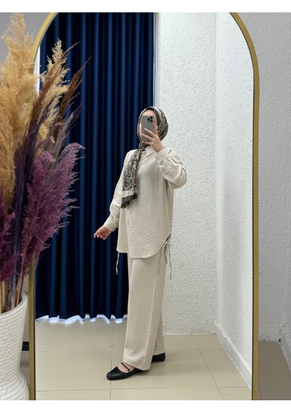 Yelita Yırtmacı Ipli Çilek Pantolonlu TAKIM-MF462 Taş