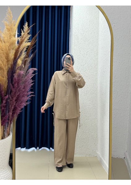 Yelita Yırtmacı Ipli Çilek Pantolonlu TAKIM-MF462 Vizon