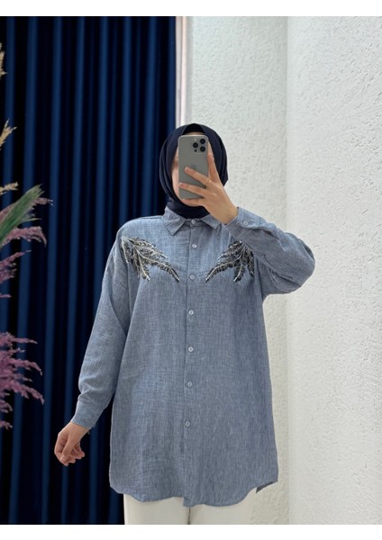 Sanasya Yapraklı Araboy GÖMLEK-PE209 Mavi