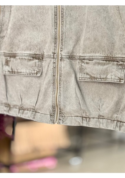 Tülin Fermuarlı Oversize Kot YELEK-XE6073 Kahve