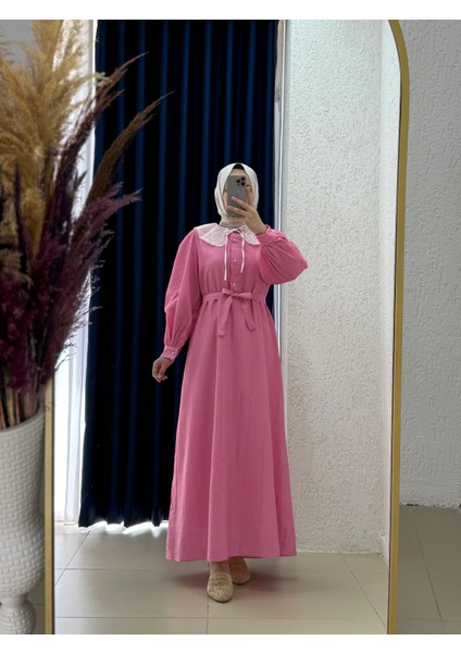 Sorera Yarım Patlı Yaka Dantelli Gofre ELBISE-AY8625 Pembe
