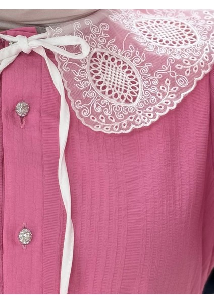 Sorera Yarım Patlı Yaka Dantelli Gofre ELBISE-AY8625 Pembe fiyatları