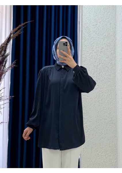 Dina Omuz ve Kol Büzgülü Saten Gömlek-Ek-Z-37-2 Lacivert
