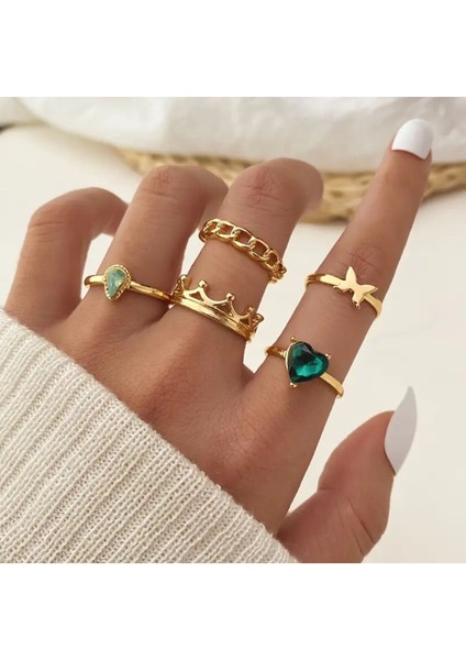 Lavin 6 Adet Yeşil Taşlı Aşk Temalı Şık Tasarım Vintage Çoklu Hediyeye Uygun Gold Altın Yüzük Seti