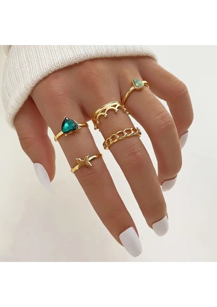 Lavin 6 Adet Yeşil Taşlı Aşk Temalı Şık Tasarım Vintage Çoklu Hediyeye Uygun Gold Altın Yüzük Seti fiyatları