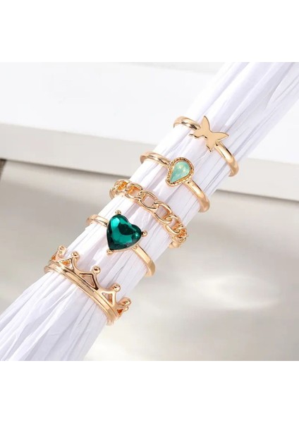 Lavin 6 Adet Yeşil Taşlı Aşk Temalı Şık Tasarım Vintage Çoklu Hediyeye Uygun Gold Altın Yüzük Seti modelleri