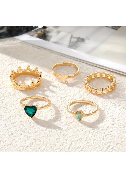Lavin 6 Adet Yeşil Taşlı Aşk Temalı Şık Tasarım Vintage Çoklu Hediyeye Uygun Gold Altın Yüzük Seti indirimleri