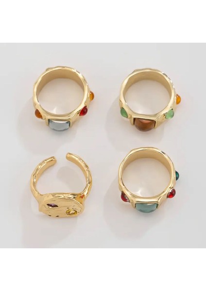 Umbre Gold Renk - 4 Adet Renkli Taşlı Şık Tasarım Vintage Çoklu Ayarlanabilir Altın Yüzük Seti indirimleri