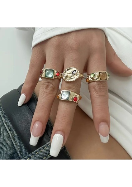 Umbre Gold Renk - 4 Adet Renkli Taşlı Şık Tasarım Vintage Çoklu Ayarlanabilir Altın Yüzük Seti