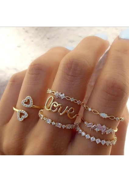 Love Aşk 7 Parça Tasarım Gold Altın Taşlı Yüzük Seti