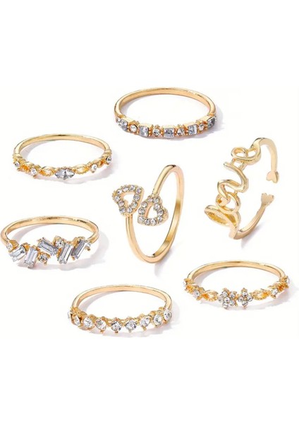 Love Aşk 7 Parça Tasarım Gold Altın Taşlı Yüzük Seti fiyatları