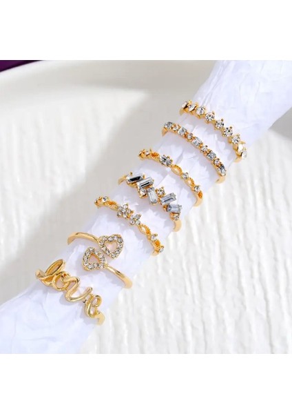 Love Aşk 7 Parça Tasarım Gold Altın Taşlı Yüzük Seti modelleri