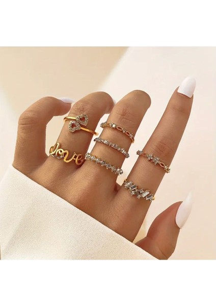 Love Aşk 7 Parça Tasarım Gold Altın Taşlı Yüzük Seti indirimleri