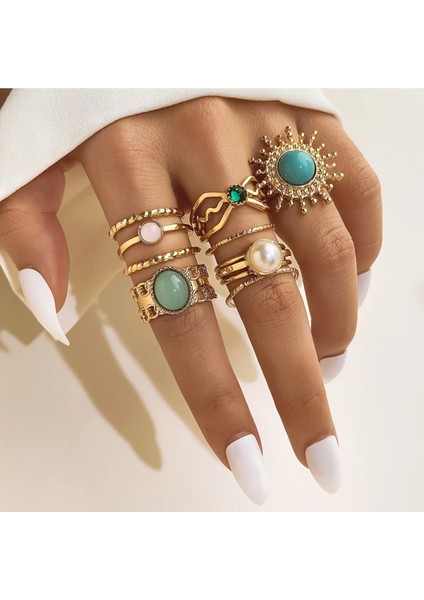 Princess 11 Adet Gold Mavi Yeşil Taşlı Güneş Çiçeği Figürlü Vintage Tasarım Çoklu Altın Yüzük Seti
