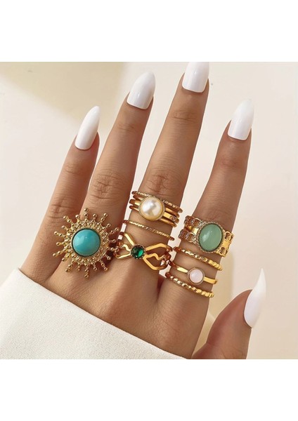 Princess 11 Adet Gold Mavi Yeşil Taşlı Güneş Çiçeği Figürlü Vintage Tasarım Çoklu Altın Yüzük Seti fiyatları