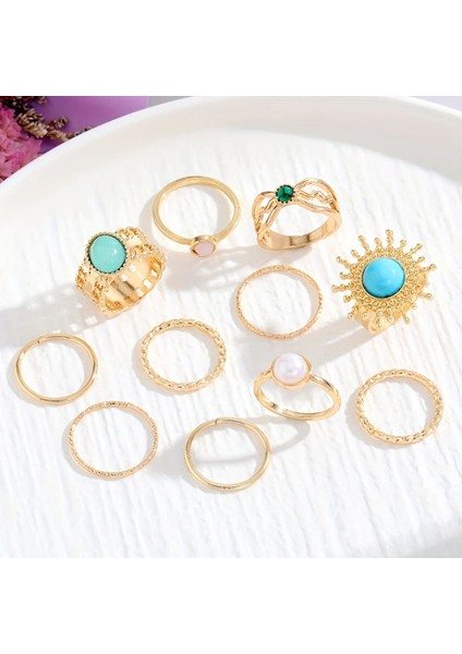 Princess 11 Adet Gold Mavi Yeşil Taşlı Güneş Çiçeği Figürlü Vintage Tasarım Çoklu Altın Yüzük Seti modelleri