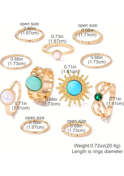 Princess 11 Adet Gold Mavi Yeşil Taşlı Güneş Çiçeği Figürlü Vintage Tasarım Çoklu Altın Yüzük Seti fırsatları