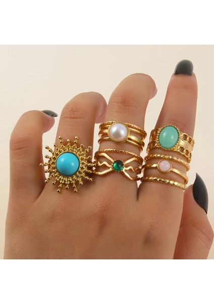 Princess 11 Adet Gold Mavi Yeşil Taşlı Güneş Çiçeği Figürlü Vintage Tasarım Çoklu Altın Yüzük Seti indirimleri
