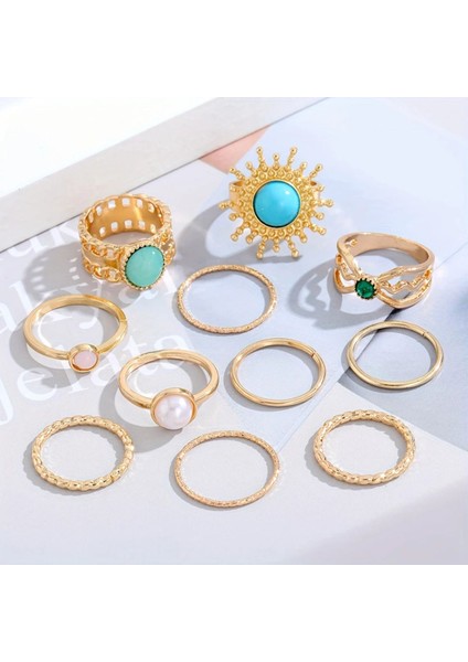 Princess 11 Adet Gold Mavi Yeşil Taşlı Güneş Çiçeği Figürlü Vintage Tasarım Çoklu Altın Yüzük Seti