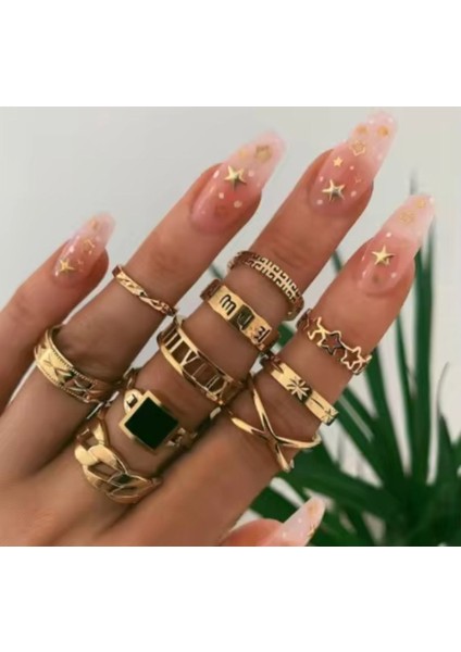 Reverie Gold Altın Renkli Siyah Taşlı Vintage Bohem 12 Parça 12'li Yüzük Seti