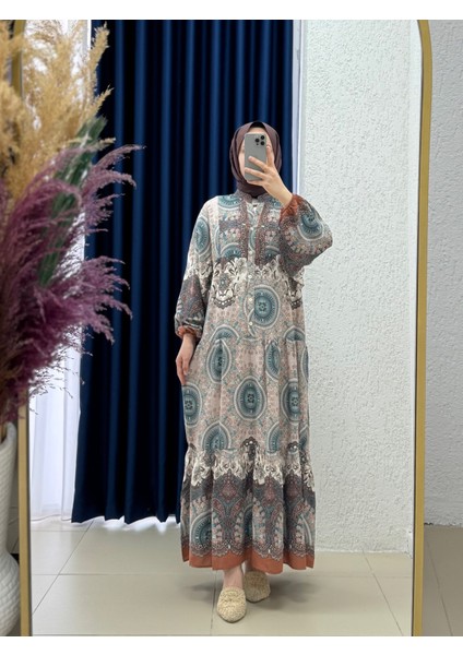 Yeleva Karışık Desen Patlı ELBISE-PE606 Kahve