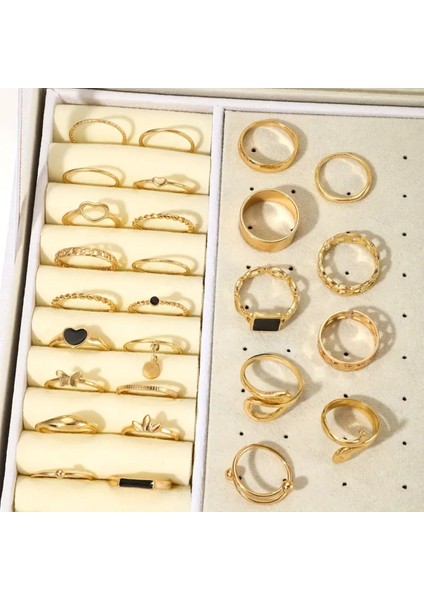 Miel Gold - 25/27 Parça Siyah Taşlı Figürlü Şık Tasarım Vintage Çoklu Gold Altın Yüzük Seti fiyatları