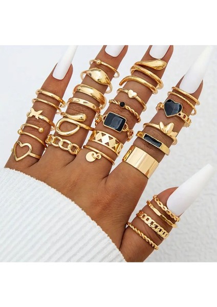Miel Gold - 25/27 Parça Siyah Taşlı Figürlü Şık Tasarım Vintage Çoklu Gold Altın Yüzük Seti modelleri