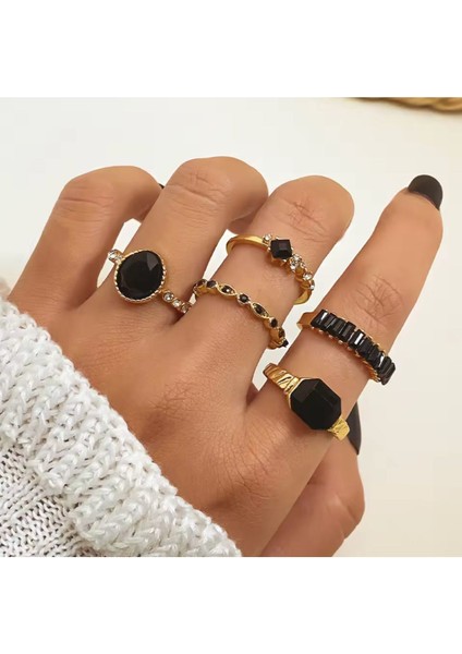 Noir Gold Altın Renkli Kristal Siyah Taşlı Şık Modern Bohem 5 Parça 5'li Yüzük Seti
