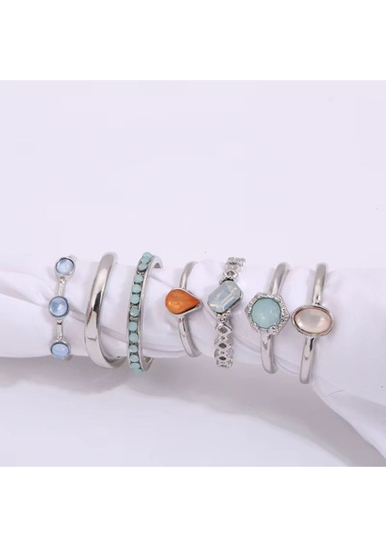 Azure Silver Gümüş Renkli Kristal Mavi Taşlı Şık Modern Bohem 7 Parça 7'li Yüzük Seti modelleri