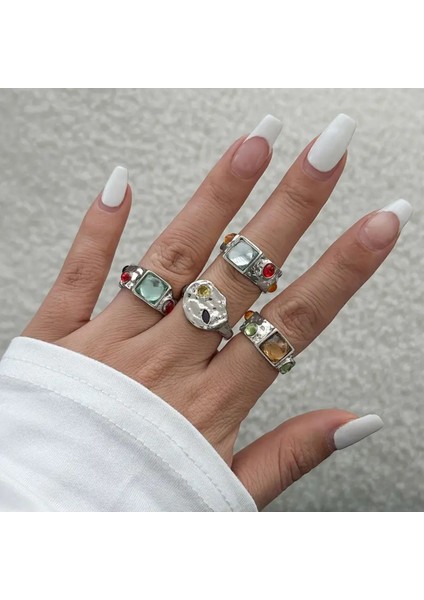 Umbre Gümüş Renkli- 4 Adet Renkli Taşlı Şık Tasarım Vintage Çoklu Ayarlanabilir Silver Yüzük Seti