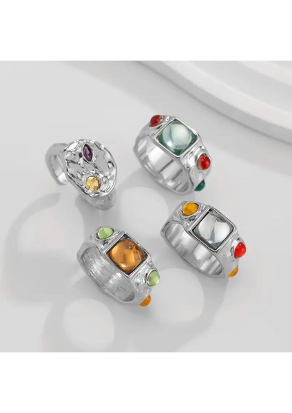 Umbre Gümüş Renkli- 4 Adet Renkli Taşlı Şık Tasarım Vintage Çoklu Ayarlanabilir Silver Yüzük Seti modelleri