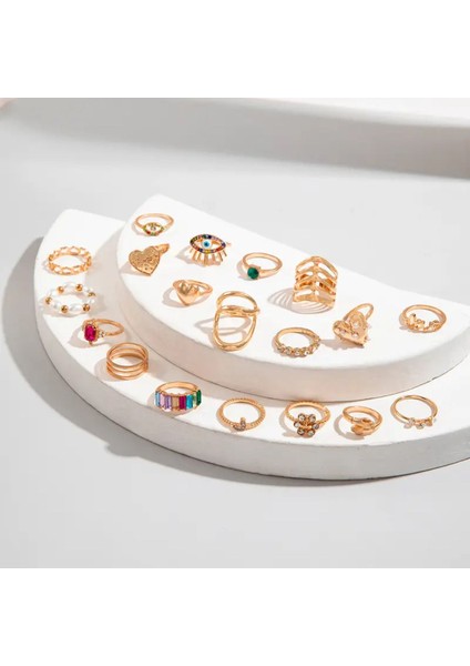 Selure 19 Adet Kristal Taşlı Geometrik Nazarlı Tasarım Vintage Çoklu Gold Altın Yüzük Seti indirimleri