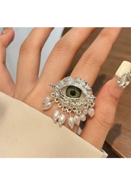 Devil Şeytan Gözlü Silver Gümüş Renkli Sır Inci Püsküllü Bohem Vintage Ayarlanabilir Yüzük