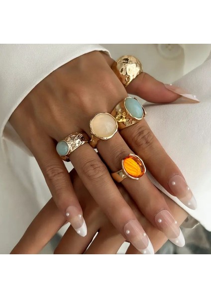 Sandy - 5 Adet Kristal Mavi Turuncu Taşlı Şık Tasarım Vintage Çoklu Gold Altın Yüzük Seti