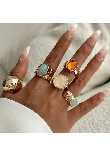 Sandy - 5 Adet Kristal Mavi Turuncu Taşlı Şık Tasarım Vintage Çoklu Gold Altın Yüzük Seti modelleri