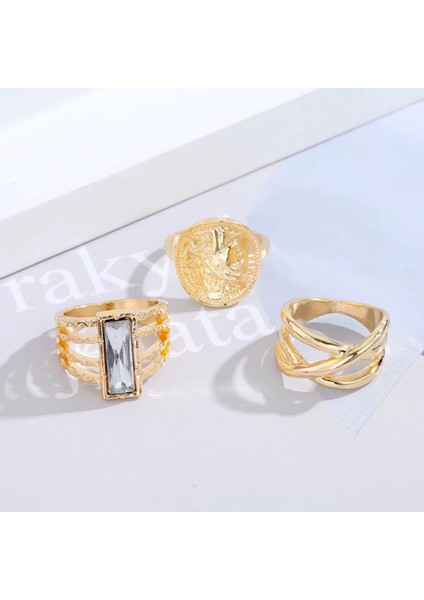 Unity Gold Altın Renkli Beyaz Zirkon Taşlı Vintage Bohem 3 Parça 3'lü Yüzük Seti