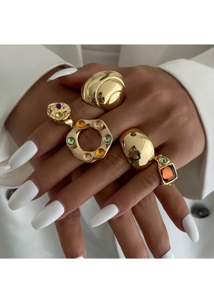 Zenya- 5'li Mavi Turuncu Taşlı Şık Tasarım Vintage Çoklu Gold Altın Bohem Yüzük Seti fiyatları