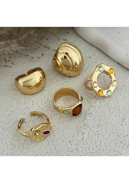 Zenya- 5'li Mavi Turuncu Taşlı Şık Tasarım Vintage Çoklu Gold Altın Bohem Yüzük Seti fırsatları