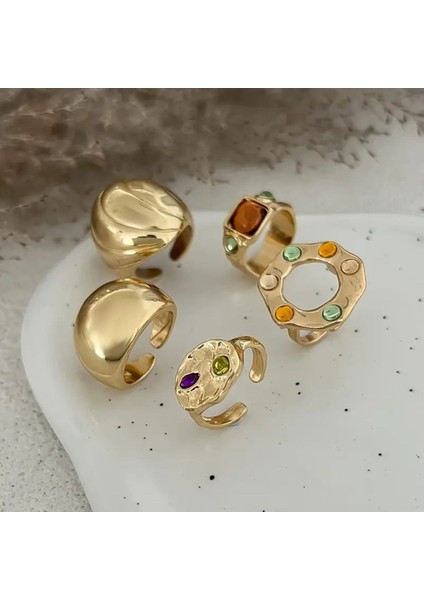 Zenya- 5'li Mavi Turuncu Taşlı Şık Tasarım Vintage Çoklu Gold Altın Bohem Yüzük Seti indirimleri