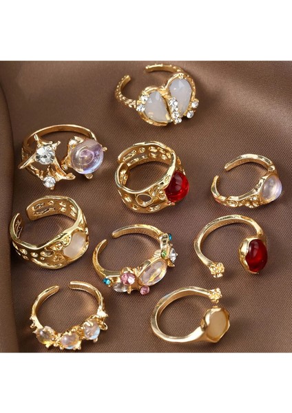 Alise - 9 Adet Kristal Taşlı Kırmızı Şık Tasarım Vintage Çoklu Ayarlanabilir Gold Altın Yüzük Seti