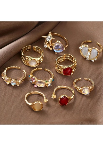 Alise - 9 Adet Kristal Taşlı Kırmızı Şık Tasarım Vintage Çoklu Ayarlanabilir Gold Altın Yüzük Seti fiyatları