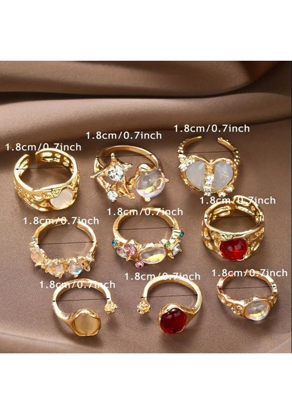 Alise - 9 Adet Kristal Taşlı Kırmızı Şık Tasarım Vintage Çoklu Ayarlanabilir Gold Altın Yüzük Seti modelleri