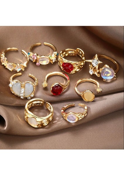 Alise - 9 Adet Kristal Taşlı Kırmızı Şık Tasarım Vintage Çoklu Ayarlanabilir Gold Altın Yüzük Seti fırsatları