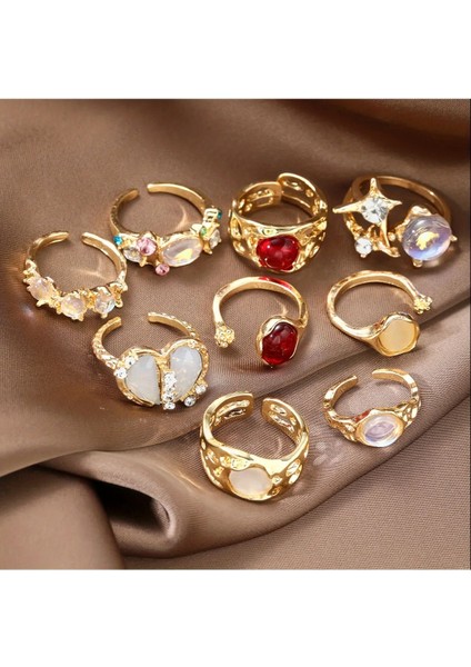 Alise - 9 Adet Kristal Taşlı Kırmızı Şık Tasarım Vintage Çoklu Ayarlanabilir Gold Altın Yüzük Seti indirimleri
