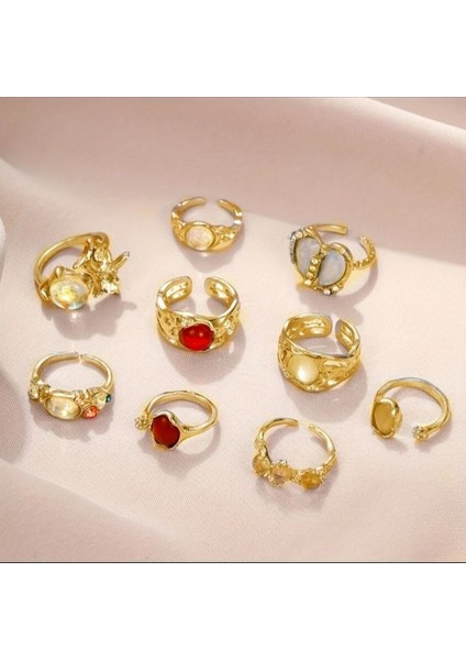 Alise - 9 Adet Kristal Taşlı Kırmızı Şık Tasarım Vintage Çoklu Ayarlanabilir Gold Altın Yüzük Seti