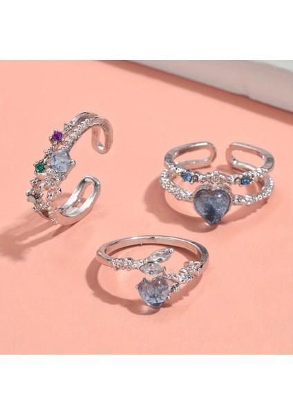 Luna 3 Adet Gümüş Aytaşı Romantik Zirkon Taşlı Parlak Ayarlanabilir Tasarım Çoklu Silver Yüzük Seti modelleri