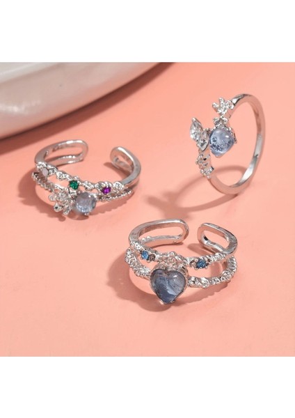 Luna 3 Adet Gümüş Aytaşı Romantik Zirkon Taşlı Parlak Ayarlanabilir Tasarım Çoklu Silver Yüzük Seti fırsatları