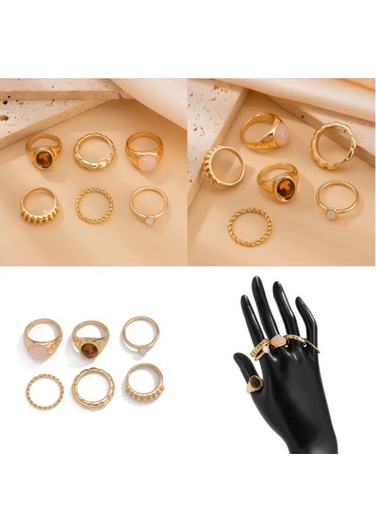 Sylvia - 6 Adet Renkli Taşlı Gold Altın Renkli Şık Tasarım Bohem Vintage Çoklu Yüzük Seti indirimleri