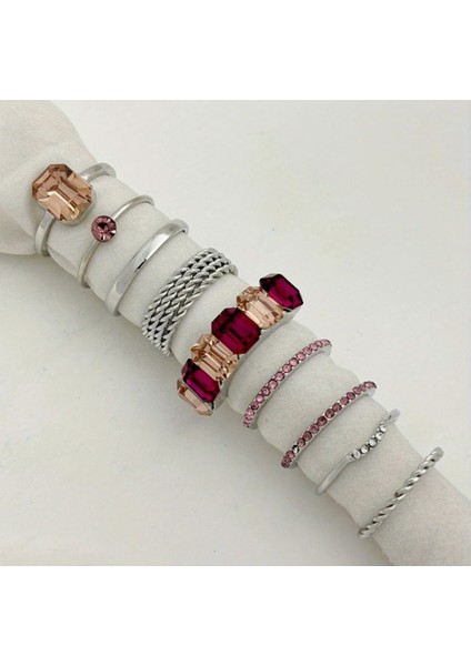 Vanta Gümüş Renk - 9 Adet Renkli Taşlı Şık Tasarım Vintage Çoklu Silver Yüzük Seti